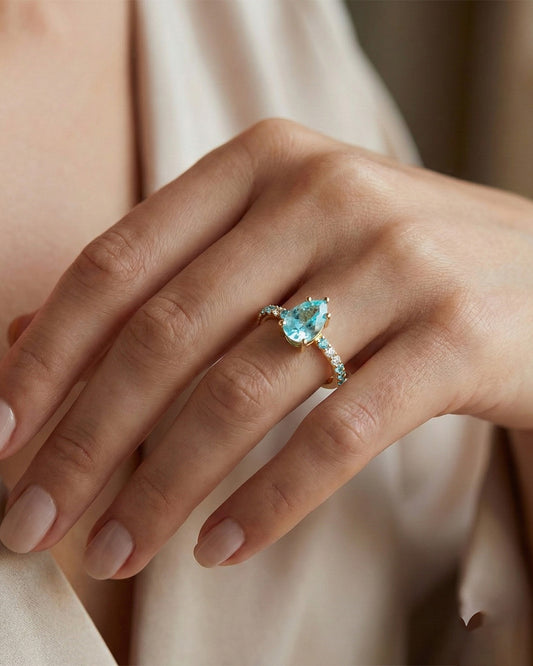 925 Gold Aquamarine & CZ Ring