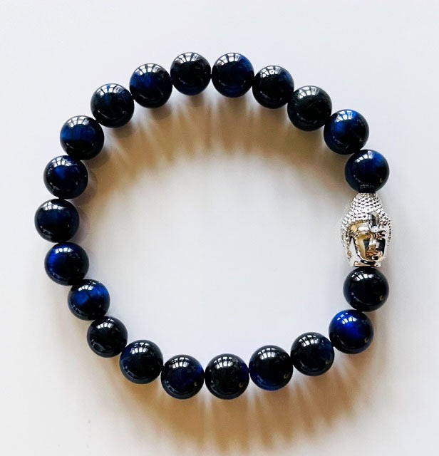 925 Silver Buddha & Blue Tiger Eye Bracelet