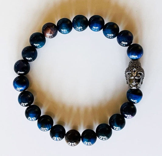 925 Gunmetal Buddha & Blue Tiger Eye Bracelet