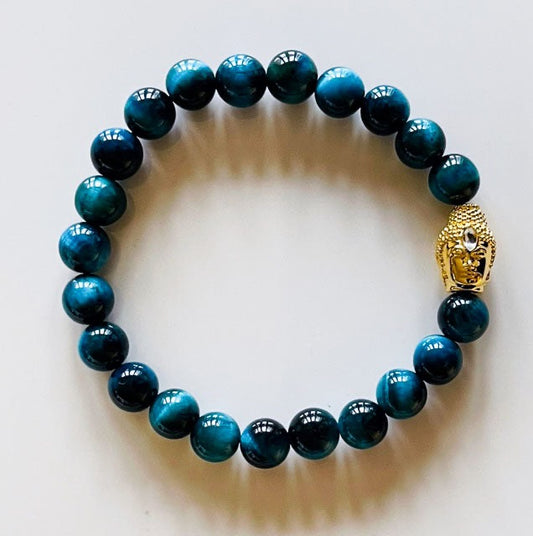 925 Gold Buddha & Sea Blue Tiger Eye Bracelet