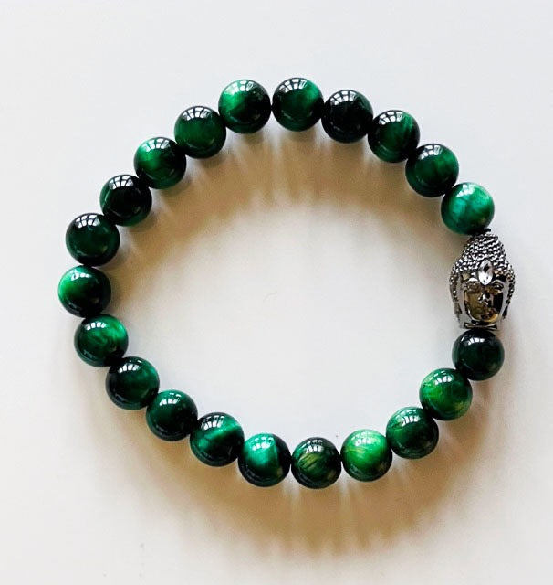 925 Gunmetal Buddha & Green Tiger Eye Bracelet