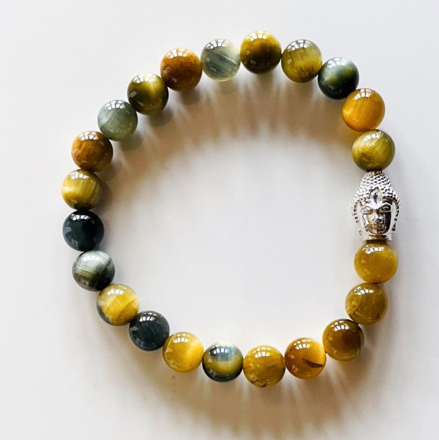 925 Silver Buddha & Yellow/Blue Tiger Eye Bracelet