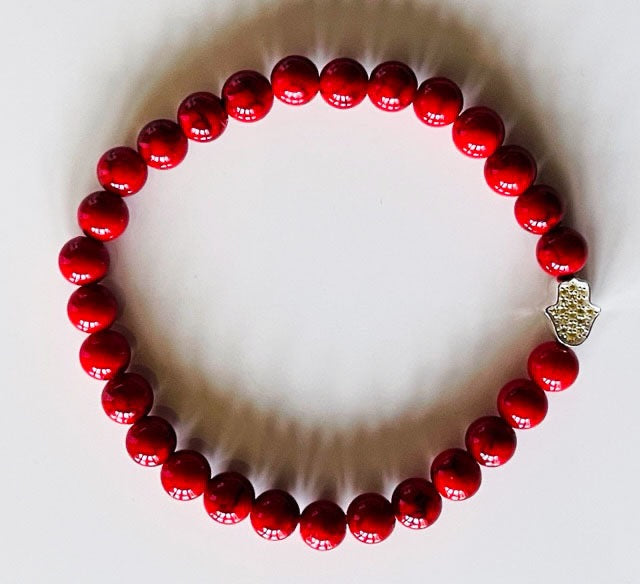 925 Silver Hand of Hamsa & Red Turquoise Howlite Bracelet