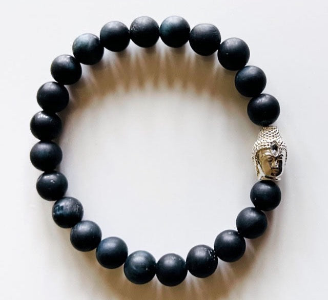 925 Silver Buddha & Matt Black Stone Bracelet