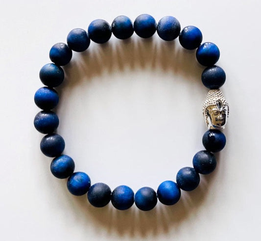 925 Silver Buddha & Matt Blue Tiger Eye Bracelet