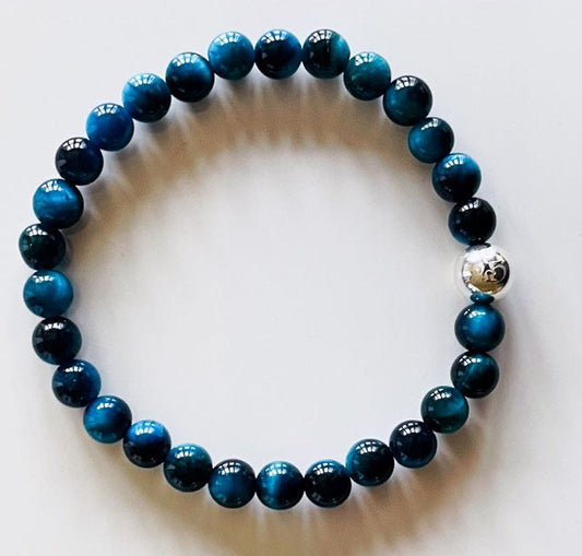 925 Silver Aum & Sea Blue Tiger Eye Bracelet