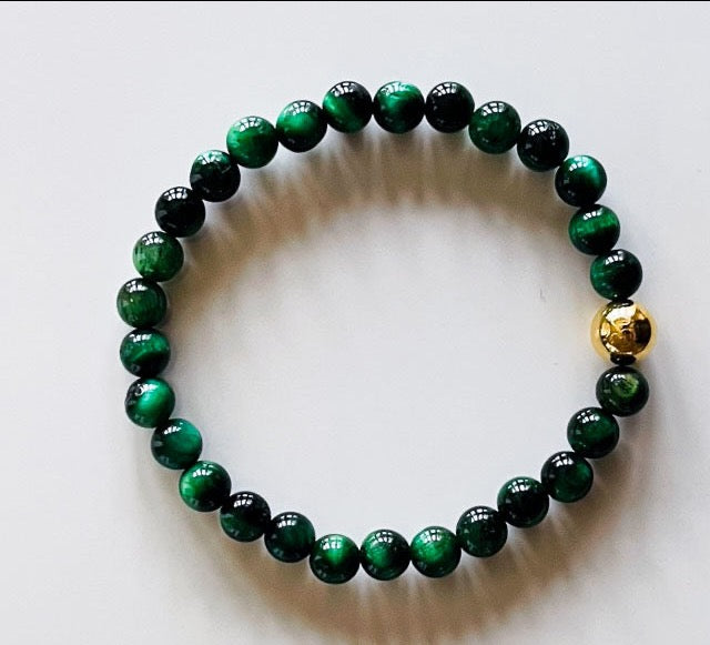 925 Gold Aum & Green Tiger Eye Bracelet