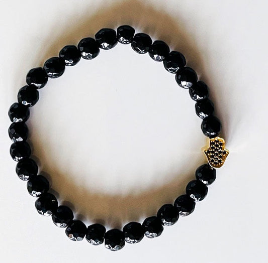 925 Silver Gold Hand of Hamsa & Black Onyx Bracelet