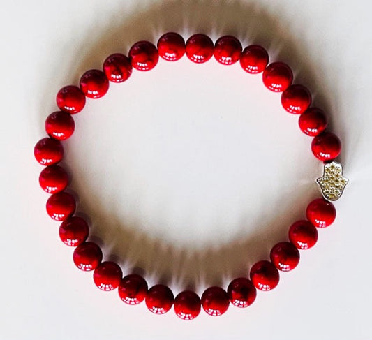 925 Silver Hand of Hamsa & Red Howlite  Bracelet