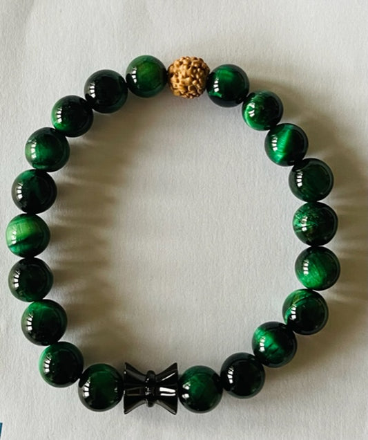 925 Gunmetal Damru & Green Tiger Eye Bracelet